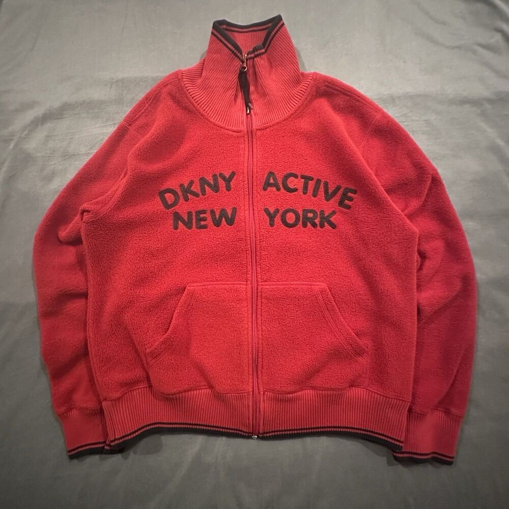 Vintage 90s DKNY Active Fleece Sweater Spellout Full Zip Unisex L New York